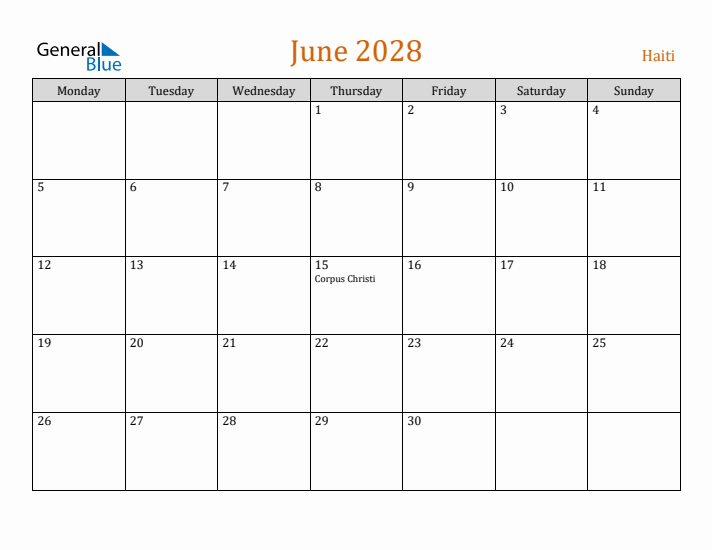 June 2028 Holiday Calendar with Monday Start