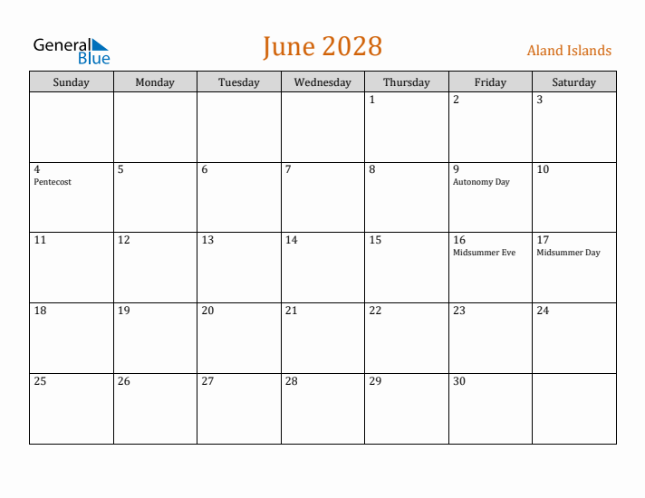 June 2028 Holiday Calendar with Sunday Start