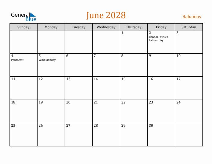 June 2028 Holiday Calendar with Sunday Start