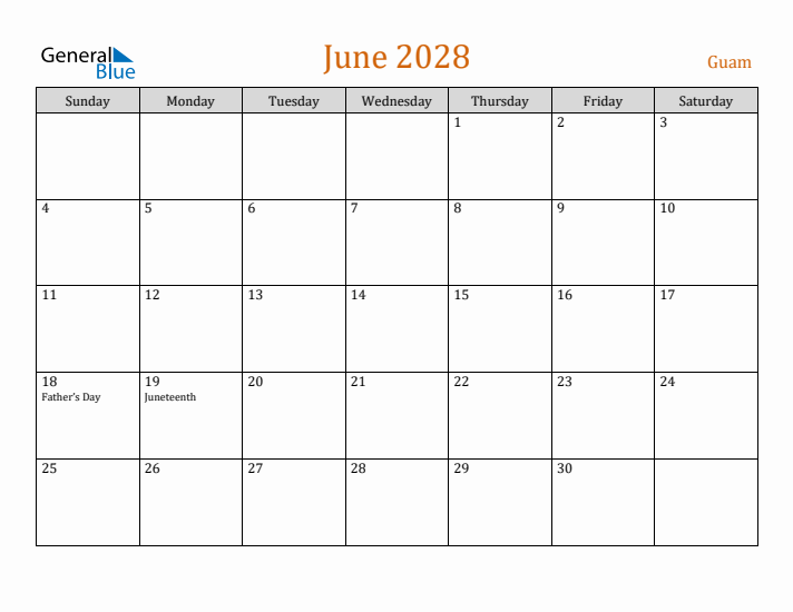 June 2028 Holiday Calendar with Sunday Start