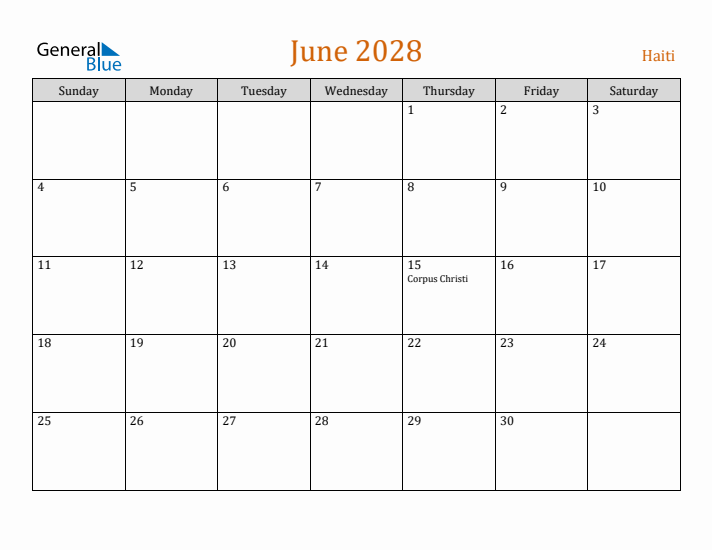 June 2028 Holiday Calendar with Sunday Start