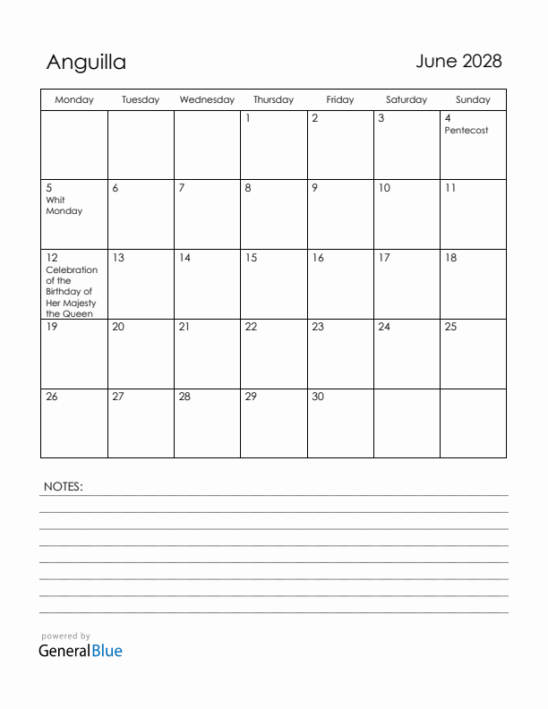 June 2028 Anguilla Calendar with Holidays (Monday Start)
