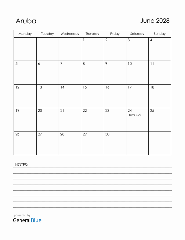 June 2028 Aruba Calendar with Holidays (Monday Start)