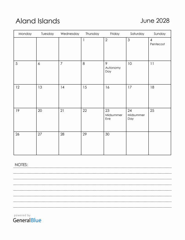 June 2028 Aland Islands Calendar with Holidays (Monday Start)