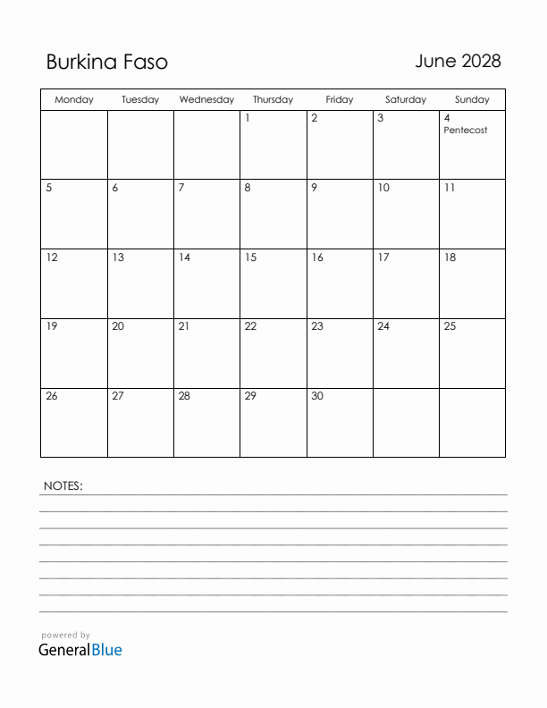 June 2028 Burkina Faso Calendar with Holidays (Monday Start)