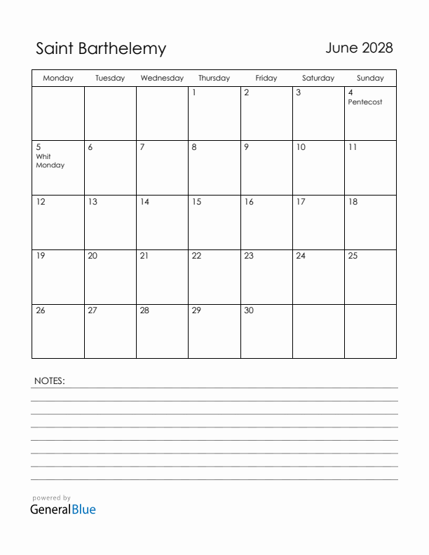 June 2028 Saint Barthelemy Calendar with Holidays (Monday Start)