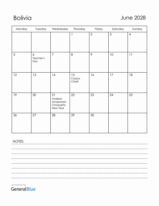 June 2028 Bolivia Calendar with Holidays (Monday Start)