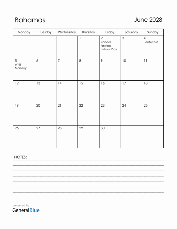June 2028 Bahamas Calendar with Holidays (Monday Start)