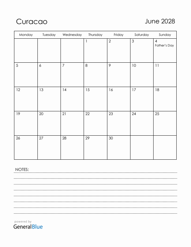June 2028 Curacao Calendar with Holidays (Monday Start)