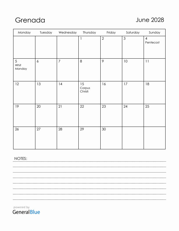 June 2028 Grenada Calendar with Holidays (Monday Start)