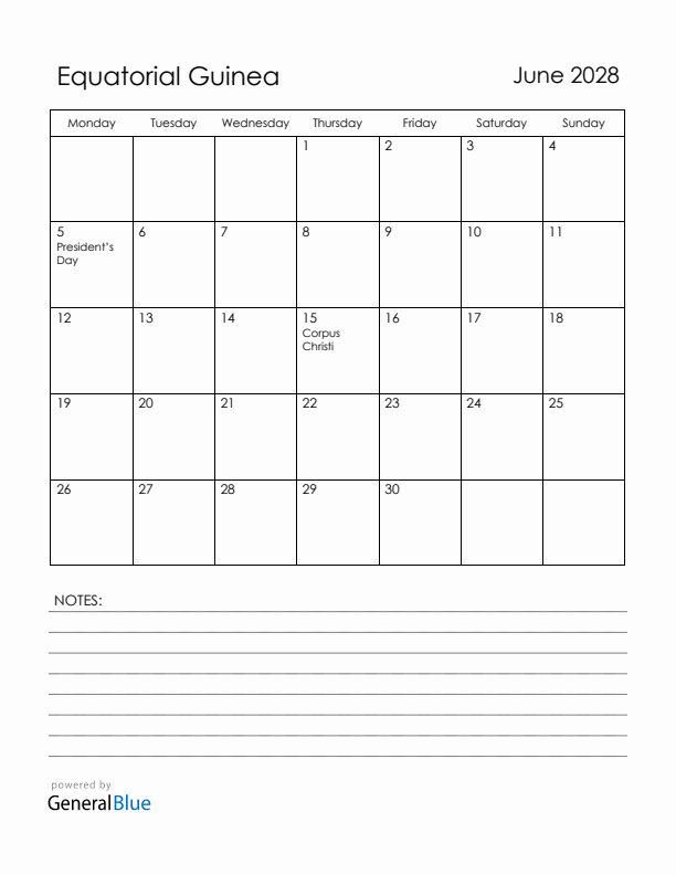 June 2028 Equatorial Guinea Calendar with Holidays (Monday Start)