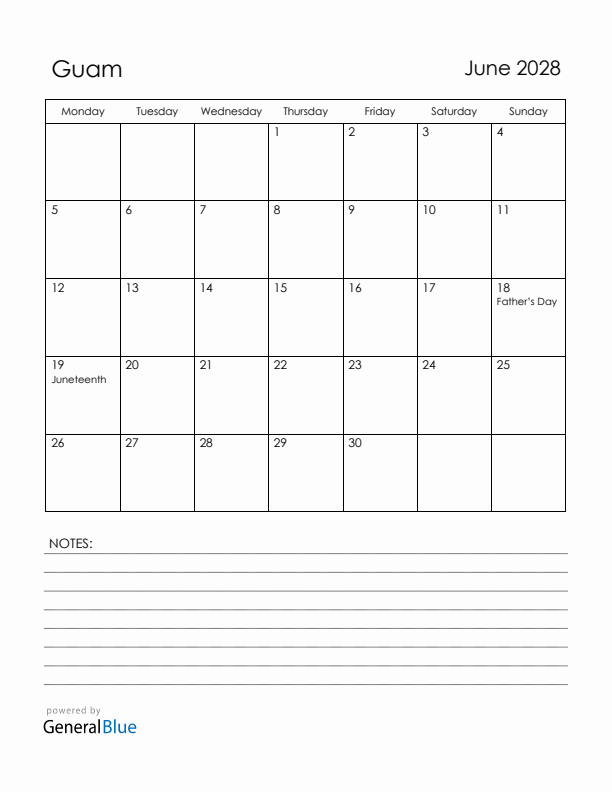 June 2028 Guam Calendar with Holidays (Monday Start)
