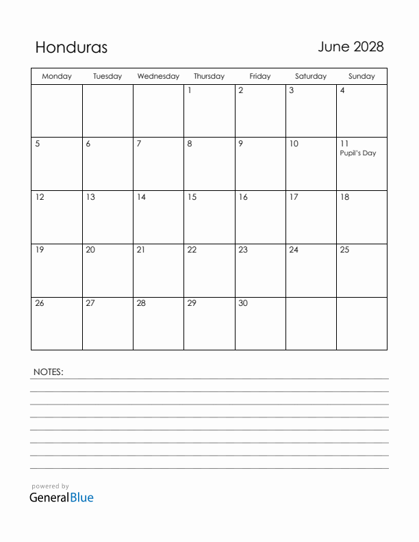 June 2028 Honduras Calendar with Holidays (Monday Start)