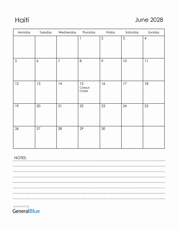 June 2028 Haiti Calendar with Holidays (Monday Start)