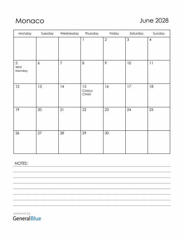 June 2028 Monaco Calendar with Holidays (Monday Start)