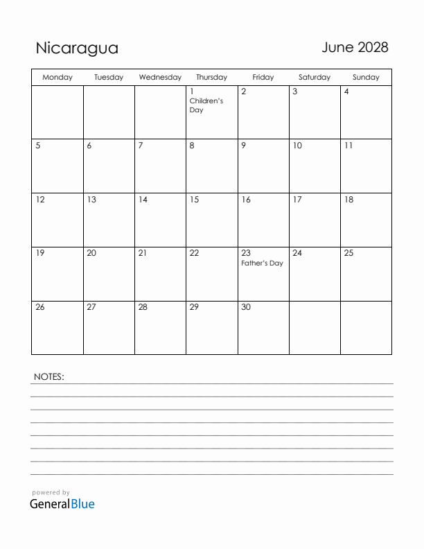 June 2028 Nicaragua Calendar with Holidays (Monday Start)