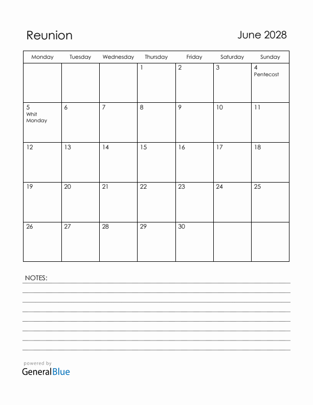 June 2028 Reunion Calendar with Holidays (Monday Start)