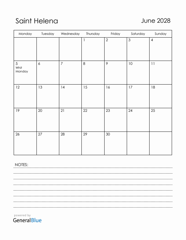 June 2028 Saint Helena Calendar with Holidays (Monday Start)