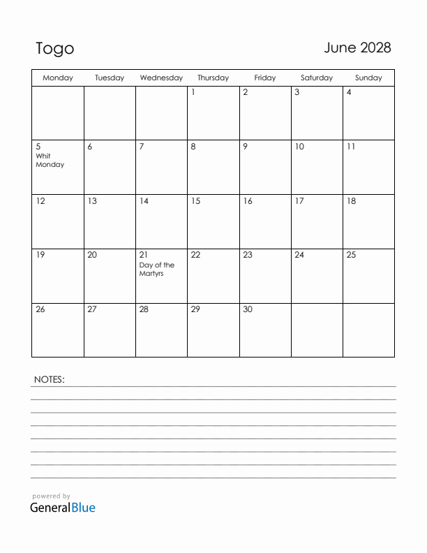 June 2028 Togo Calendar with Holidays (Monday Start)