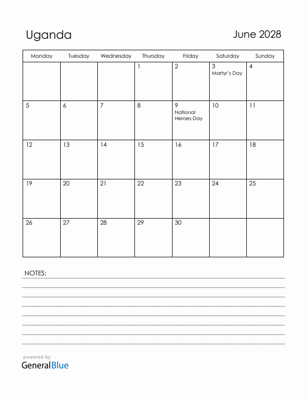 June 2028 Uganda Calendar with Holidays (Monday Start)