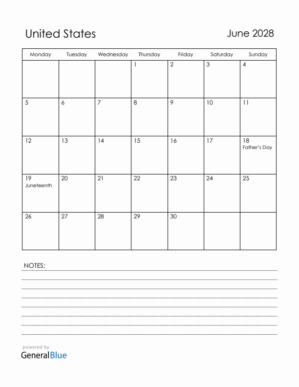 June 2028 United States Calendar with Holidays (Monday Start)