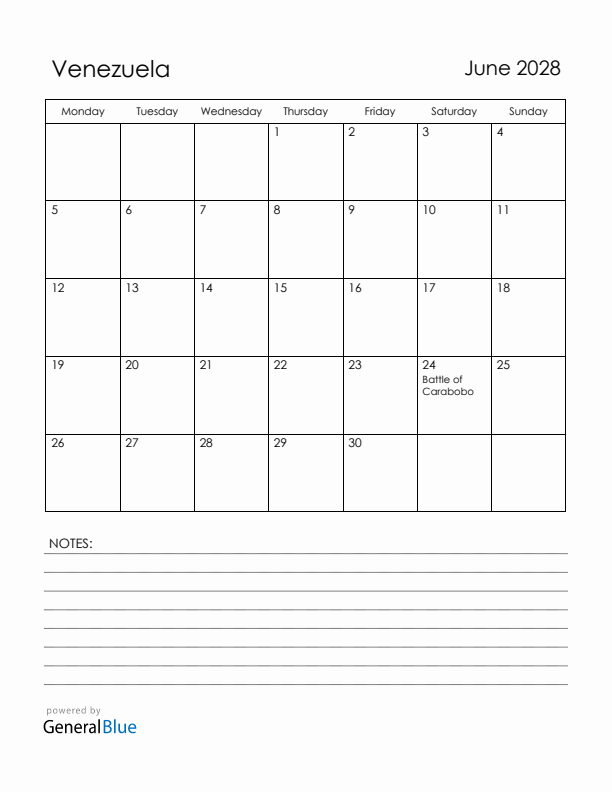 June 2028 Venezuela Calendar with Holidays (Monday Start)