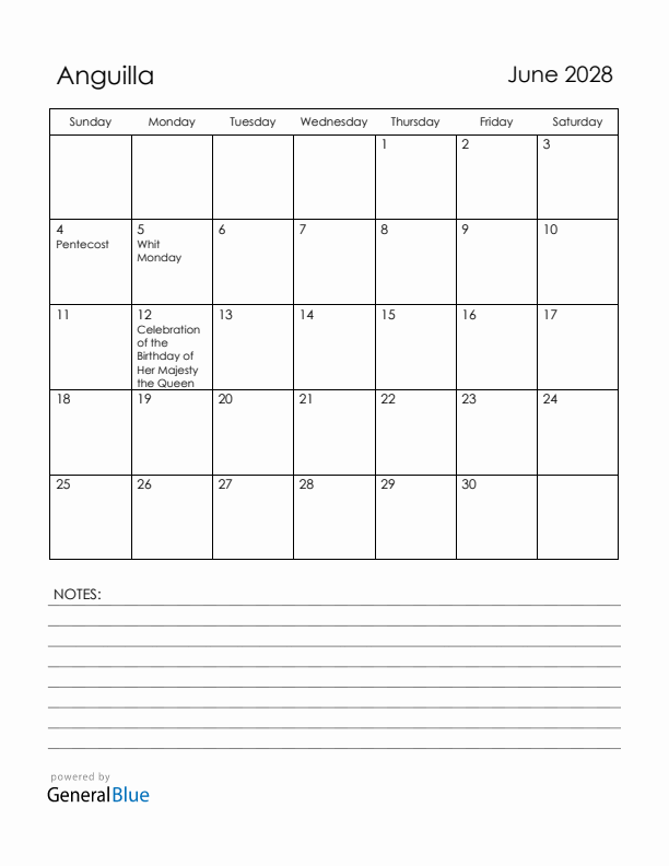 June 2028 Anguilla Calendar with Holidays (Sunday Start)