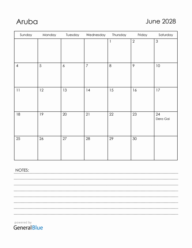 June 2028 Aruba Calendar with Holidays (Sunday Start)