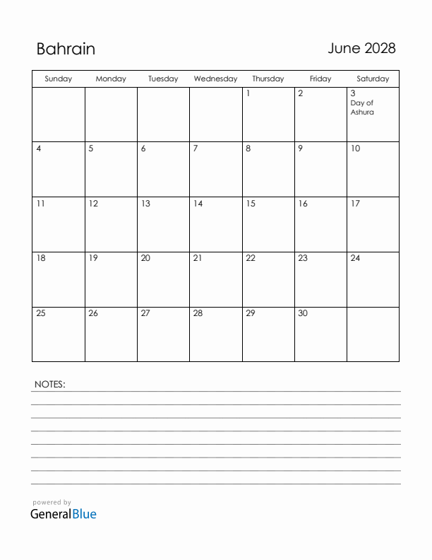 June 2028 Bahrain Calendar with Holidays (Sunday Start)