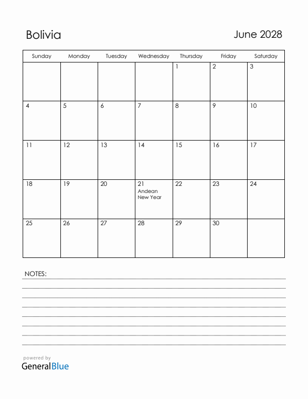 June 2028 Bolivia Calendar with Holidays (Sunday Start)