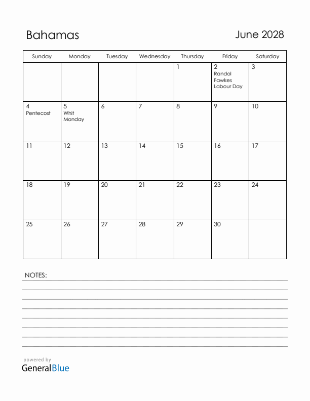 June 2028 Bahamas Calendar with Holidays (Sunday Start)