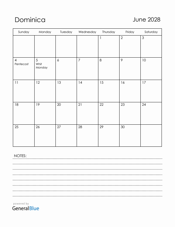 June 2028 Dominica Calendar with Holidays (Sunday Start)