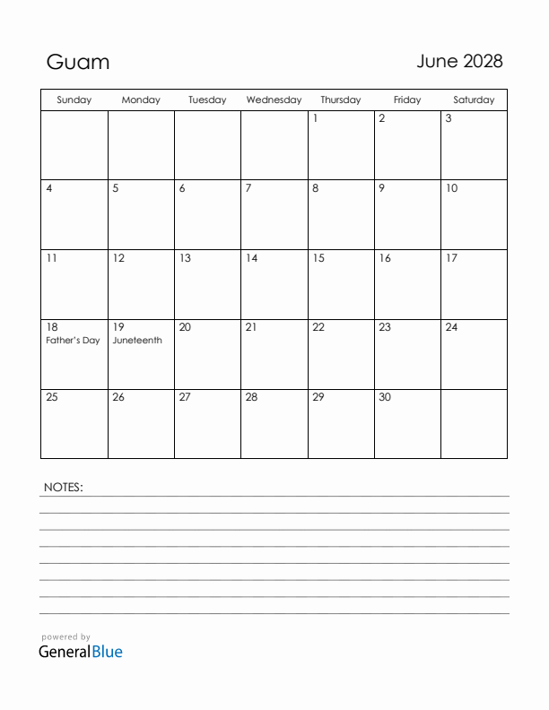 June 2028 Guam Calendar with Holidays (Sunday Start)