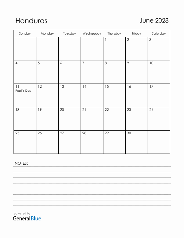 June 2028 Honduras Calendar with Holidays (Sunday Start)
