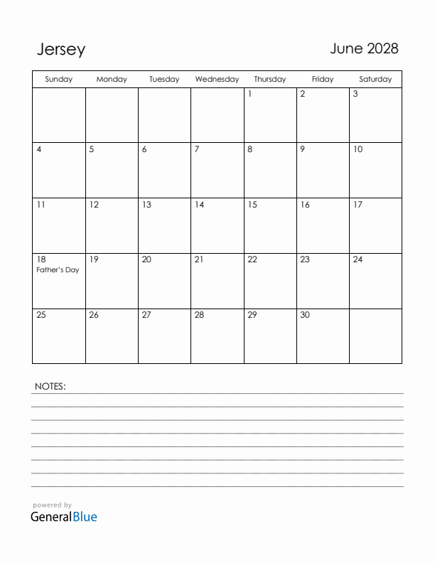 June 2028 Jersey Calendar with Holidays (Sunday Start)