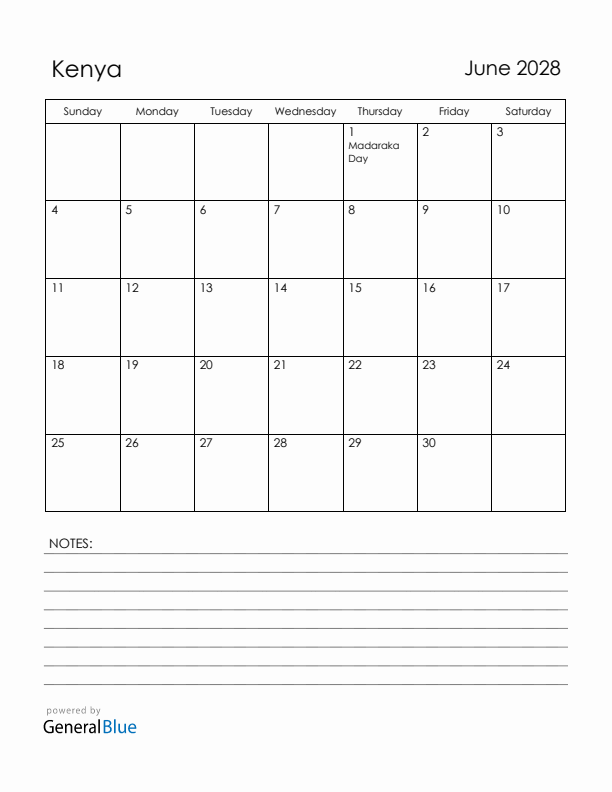 June 2028 Kenya Calendar with Holidays (Sunday Start)