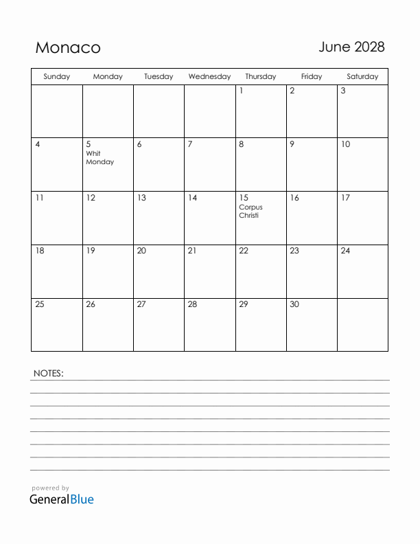 June 2028 Monaco Calendar with Holidays (Sunday Start)
