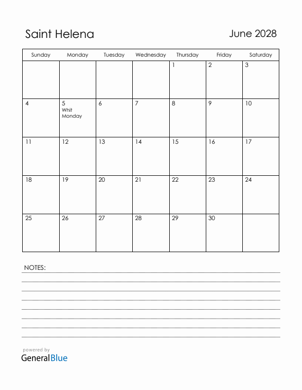 June 2028 Saint Helena Calendar with Holidays (Sunday Start)