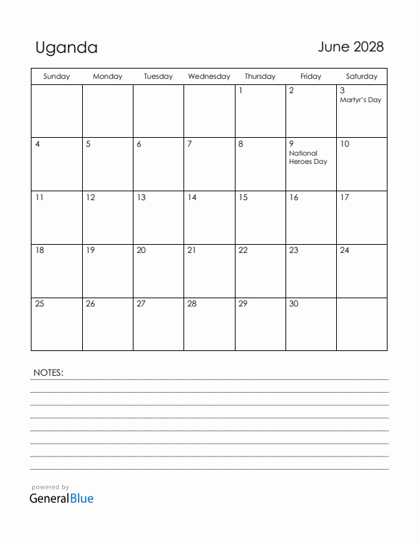 June 2028 Uganda Calendar with Holidays (Sunday Start)