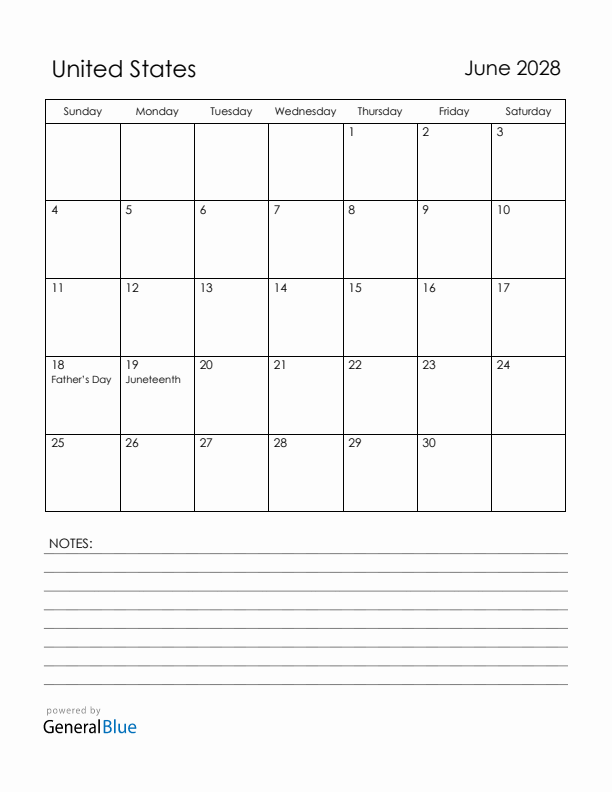 June 2028 United States Calendar with Holidays (Sunday Start)