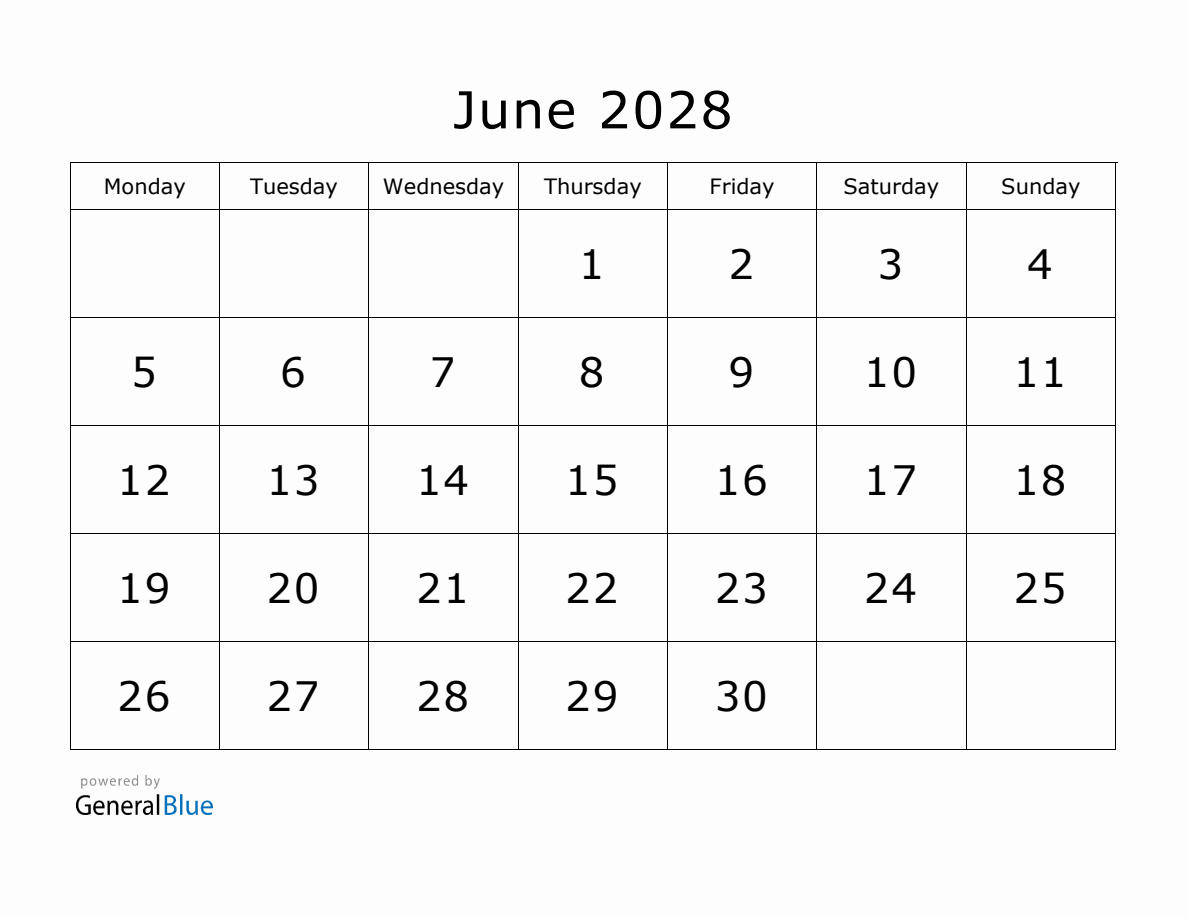 Printable June 2028 Calendar