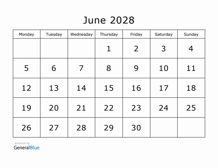 Printable June 2028 Calendar - Monday Start