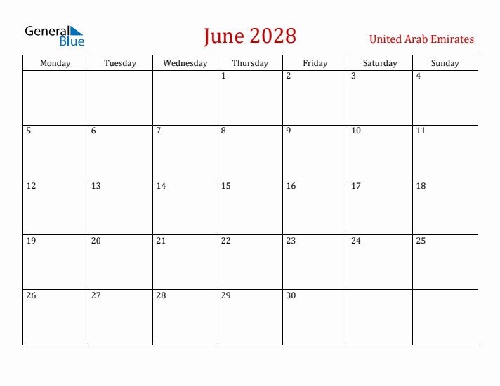 United Arab Emirates June 2028 Calendar - Monday Start