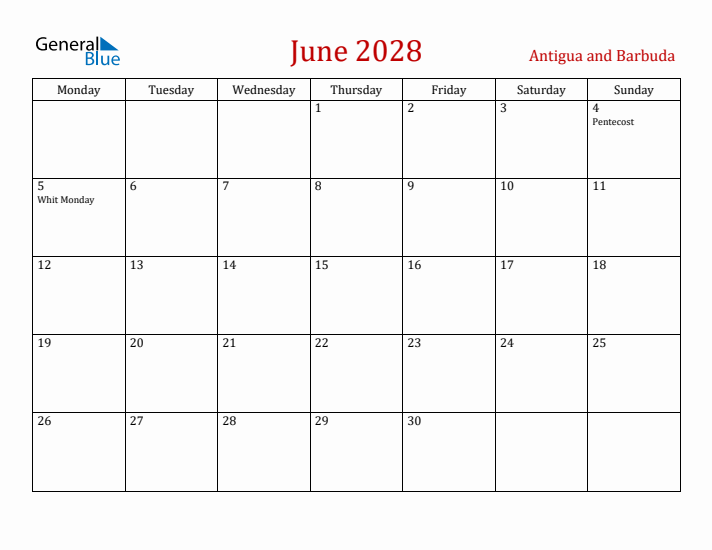 Antigua and Barbuda June 2028 Calendar - Monday Start
