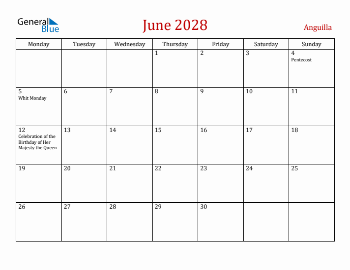 Anguilla June 2028 Calendar - Monday Start
