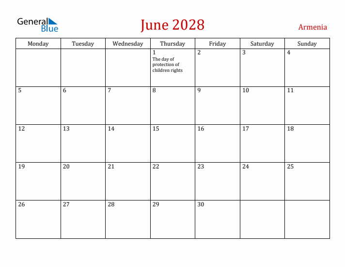 Armenia June 2028 Calendar - Monday Start