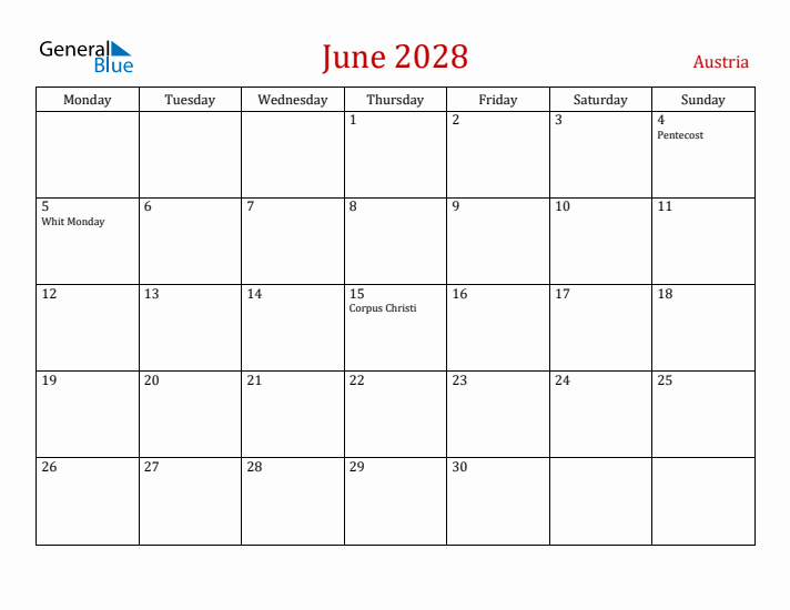 Austria June 2028 Calendar - Monday Start