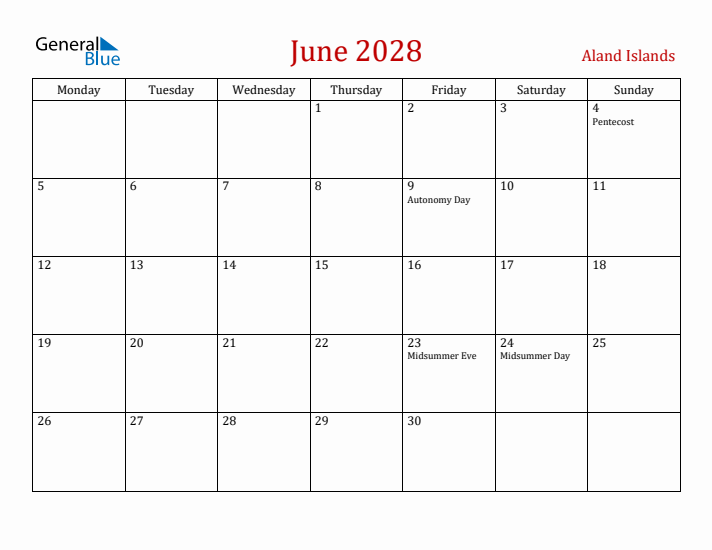 Aland Islands June 2028 Calendar - Monday Start