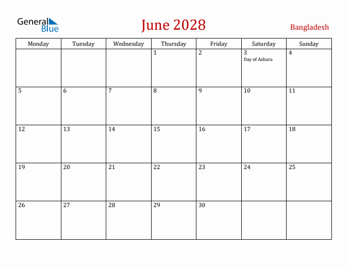 Bangladesh June 2028 Calendar - Monday Start
