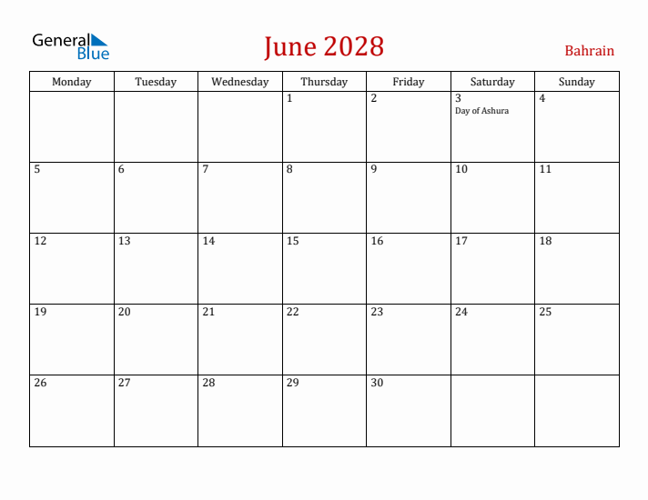 Bahrain June 2028 Calendar - Monday Start